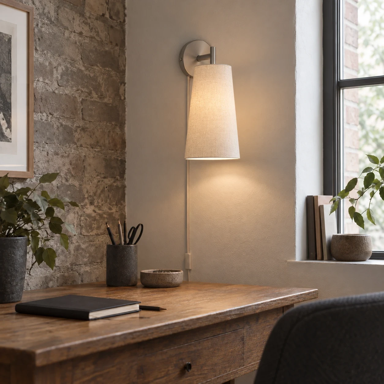 Wall sconce adds soft glow to a stylish workspace.