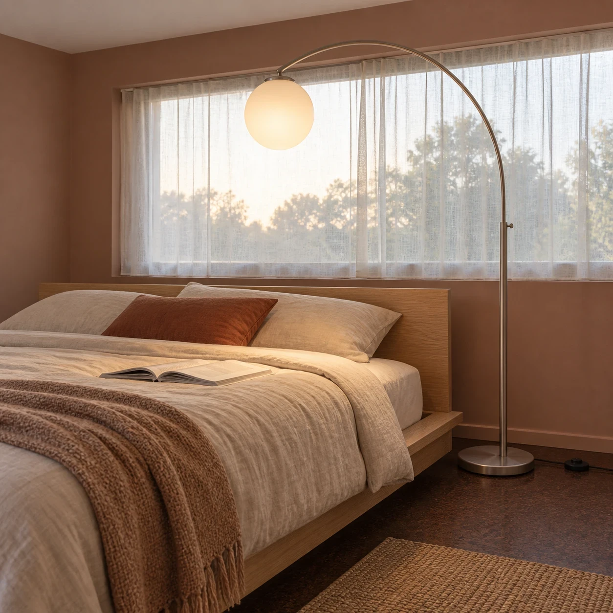 Serene bedroom with a stylish arc floor lamp.