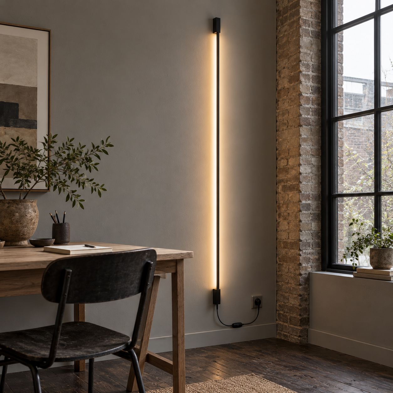 Slim light fixture adds modern charm to a workspace.