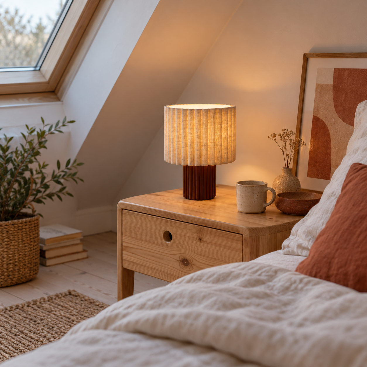 Warm light from a table lamp beside a serene bed.