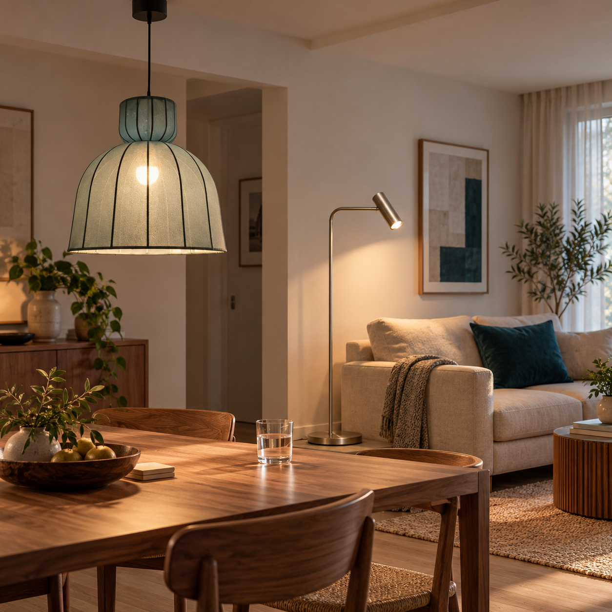 Stylish pendant light over a dining table setting.