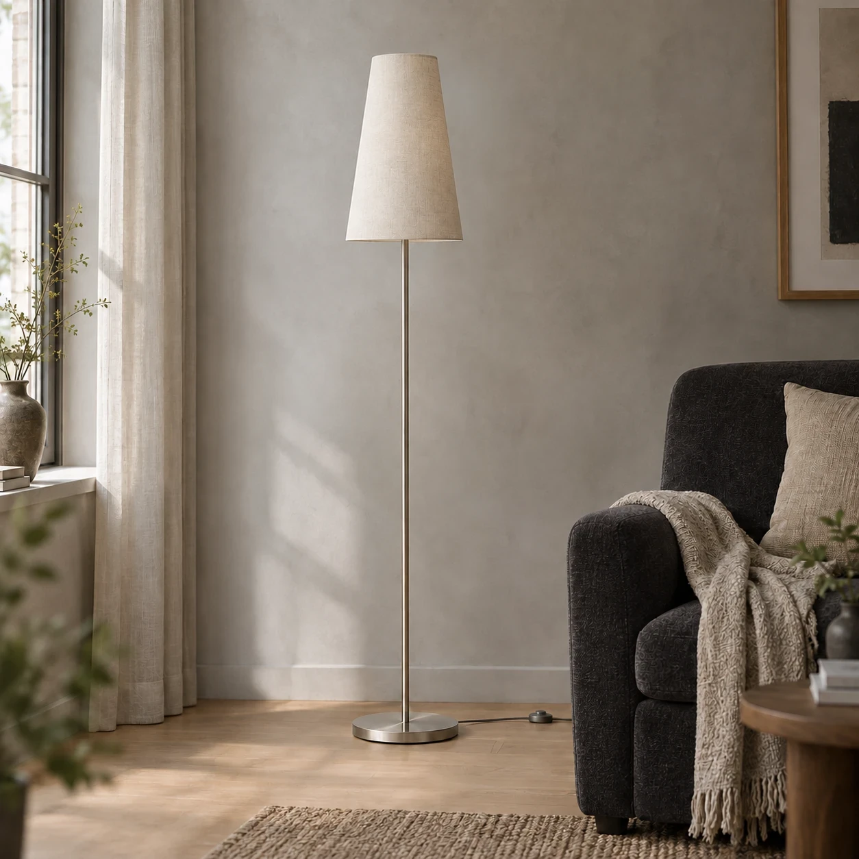 Minimalist floor lamp providing light in a spacious corner.