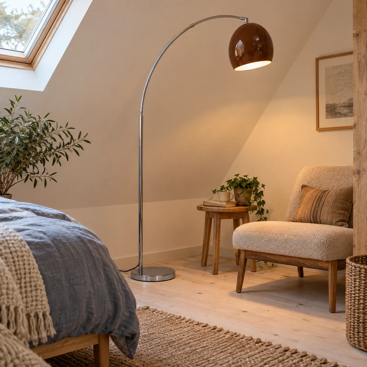 Arched lamp providing ambient light in a serene bedroom.