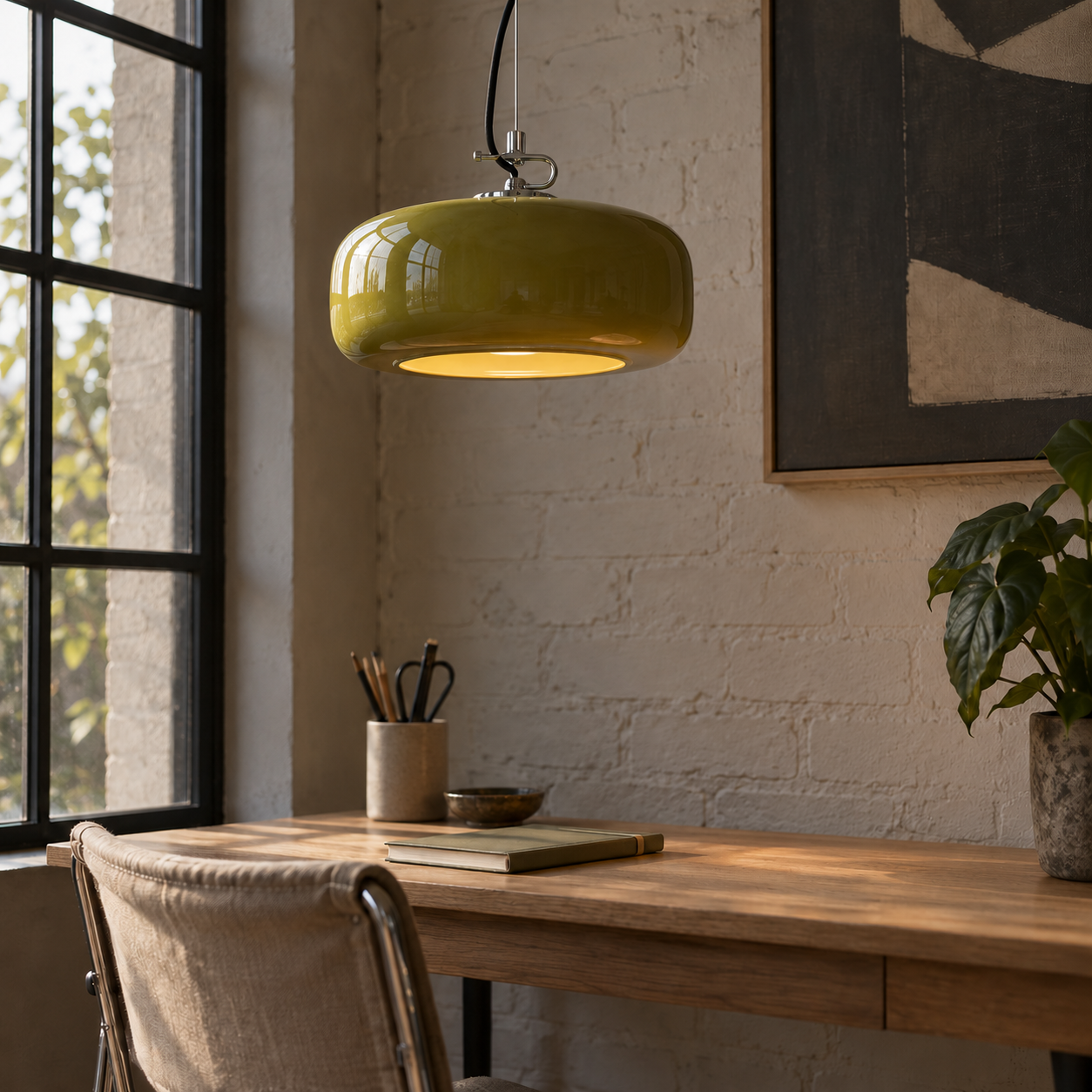Green pendant lamp illuminating a modern workspace.