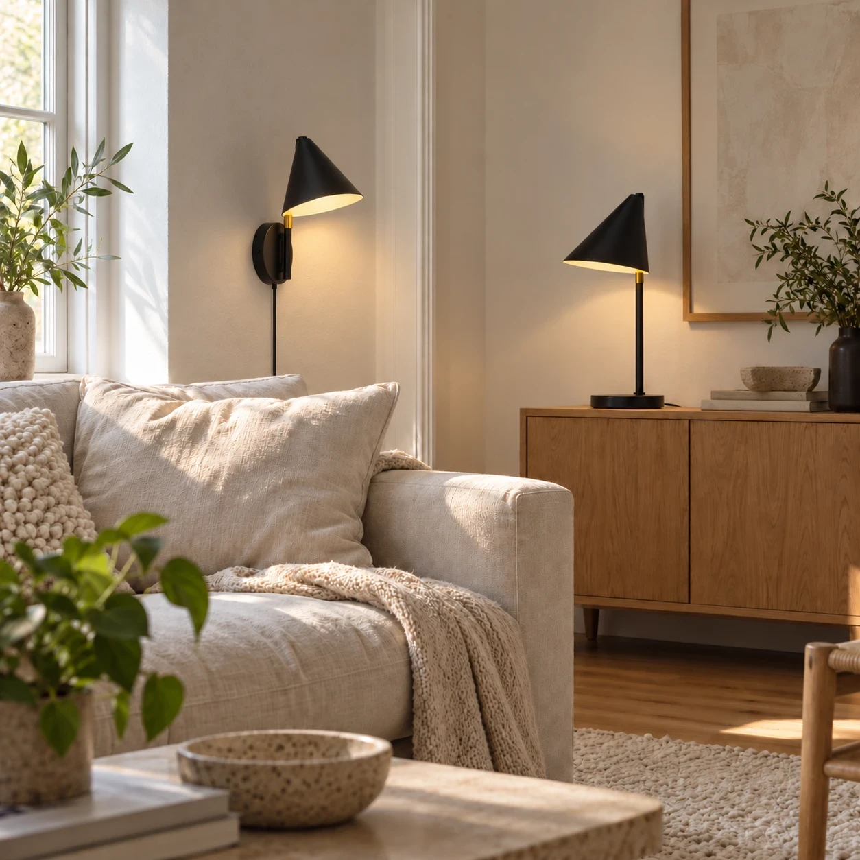 Dual wall and table lamps create a cozy living room ambience.