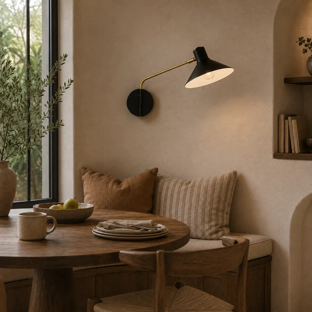 Warm dining nook with Lenny lighting.