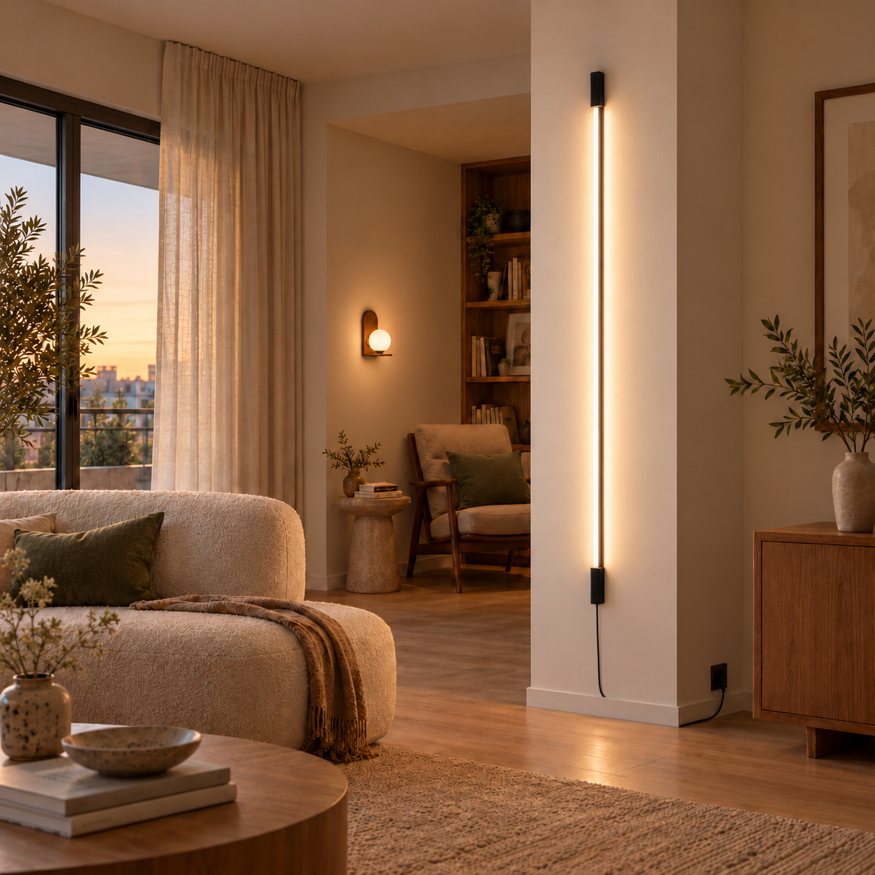 Vertical floor lamp enhances a stylish living area.