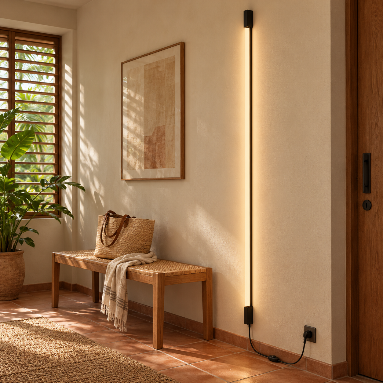 Minimalist luminaire brightens up a welcoming entryway.
