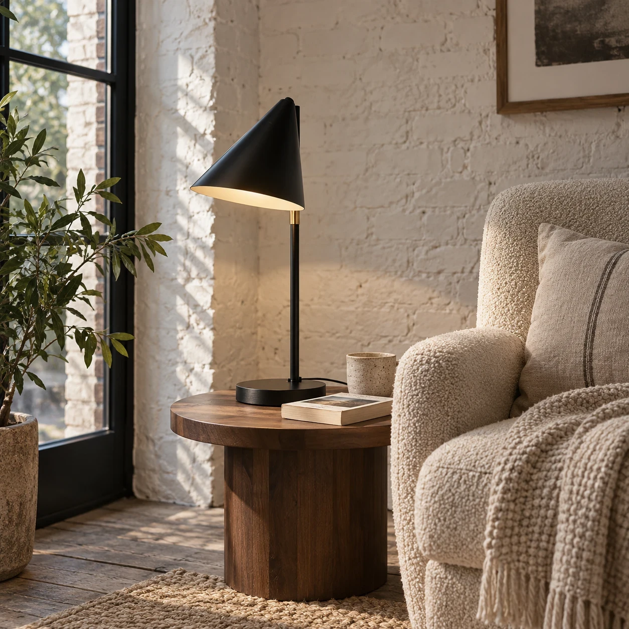 Contemporary table lamp provides soft light by the sofa.