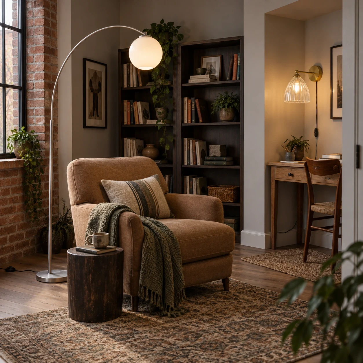 Inviting nook with floor lamp for reading comfort.