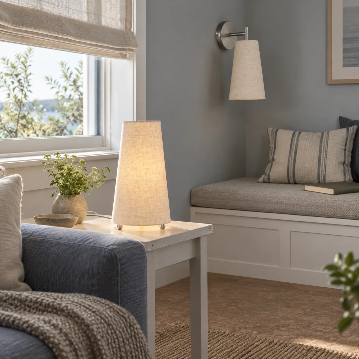 Dual lighting with a table and wall lamp for relaxation nook.