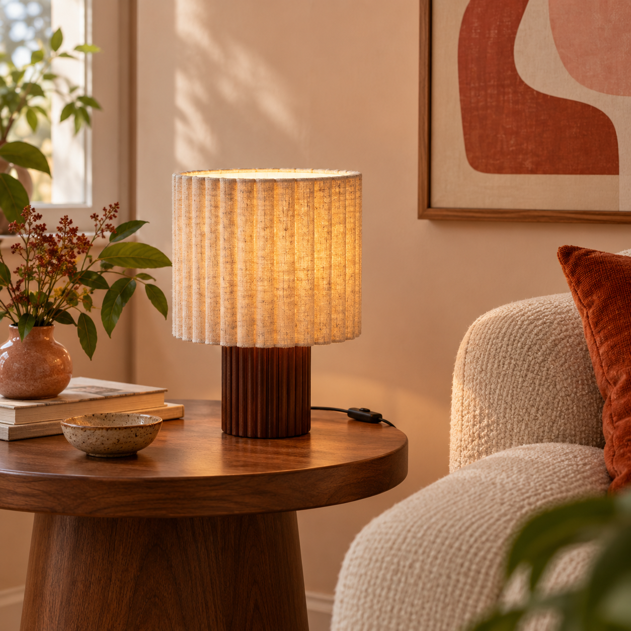 Textured bedside lamp adds warmth to a relaxing nook.
