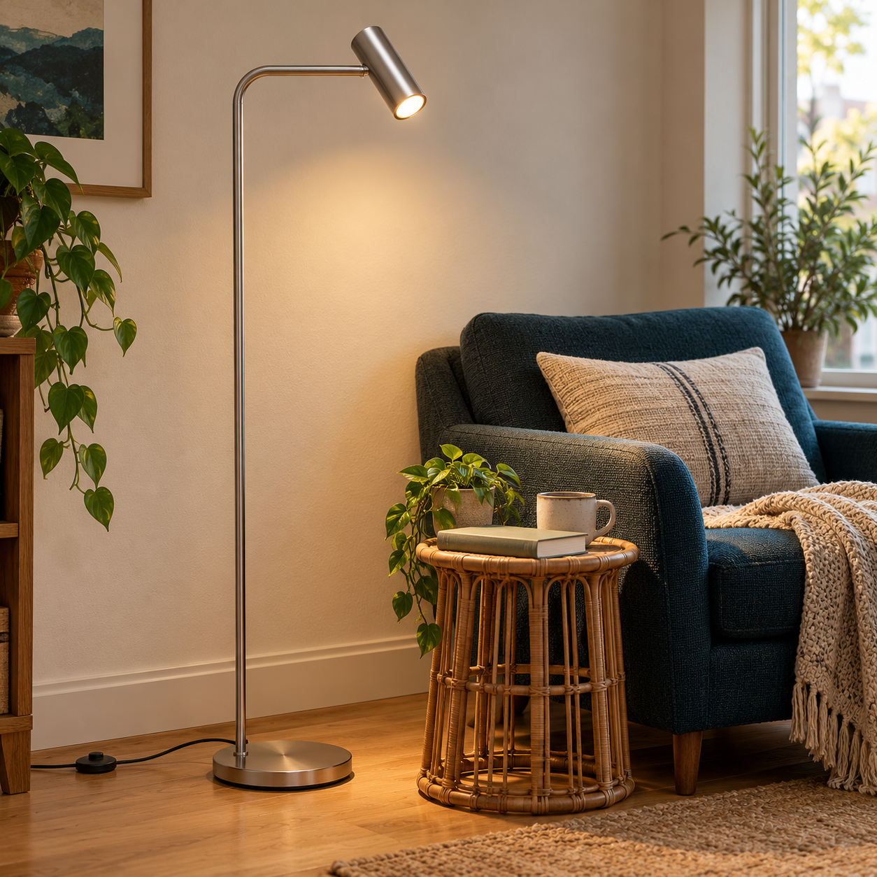 Modern floor lamp illuminating a cozy reading nook.
