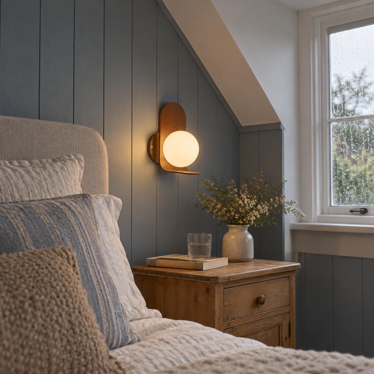 Warm wall sconce in a cozy bedroom setting.