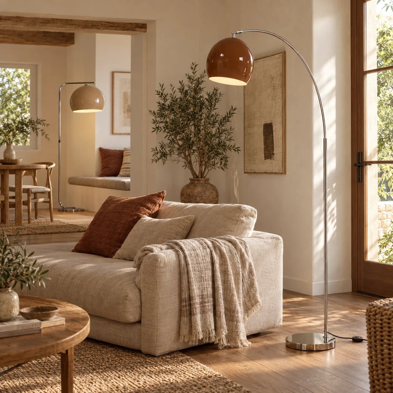Stylish arc lamp enhancing a warm, inviting space.