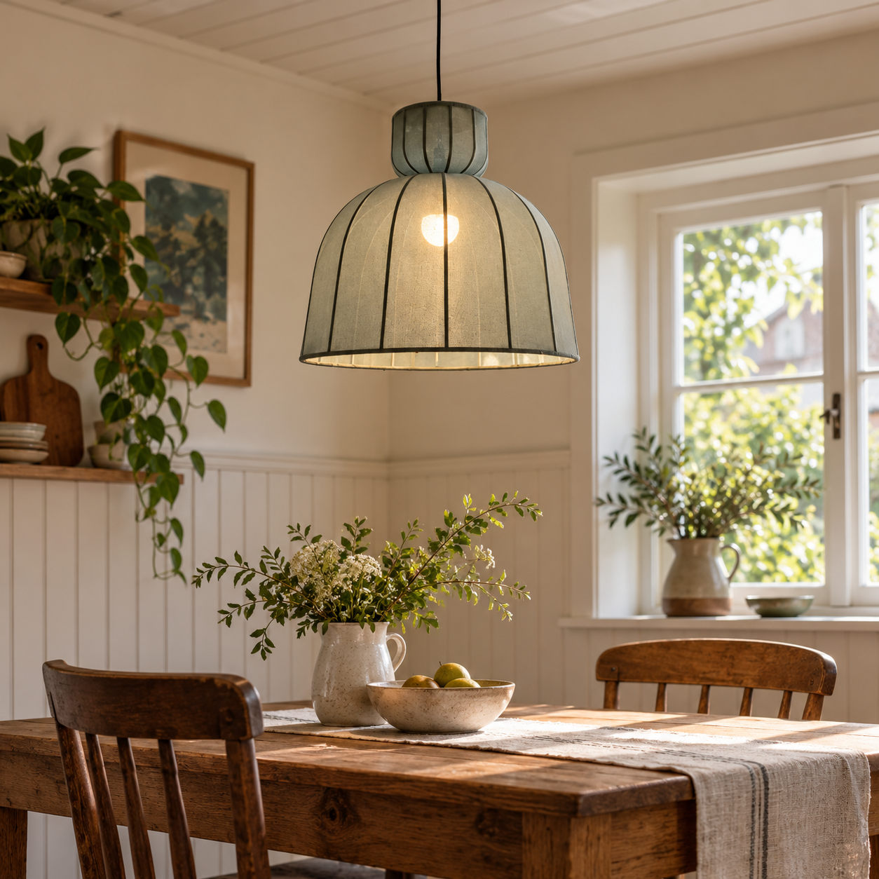 Rustic dining area enhanced by a delicate pendant light.