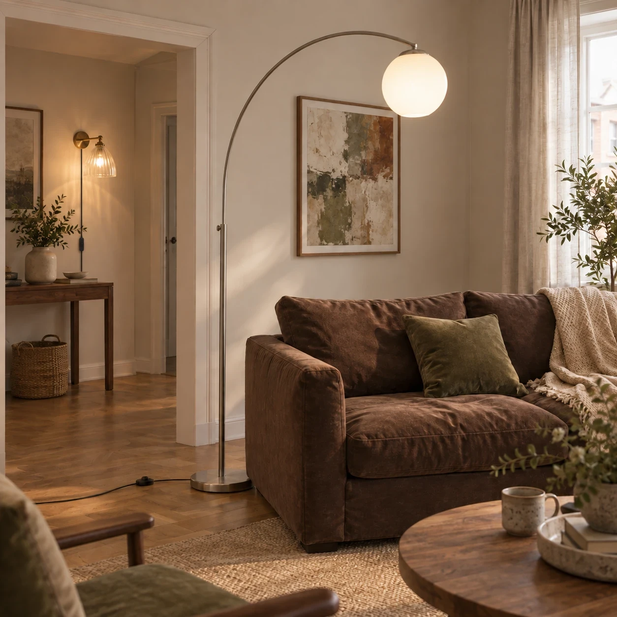 Arc floor lamp illuminates cozy living space.
