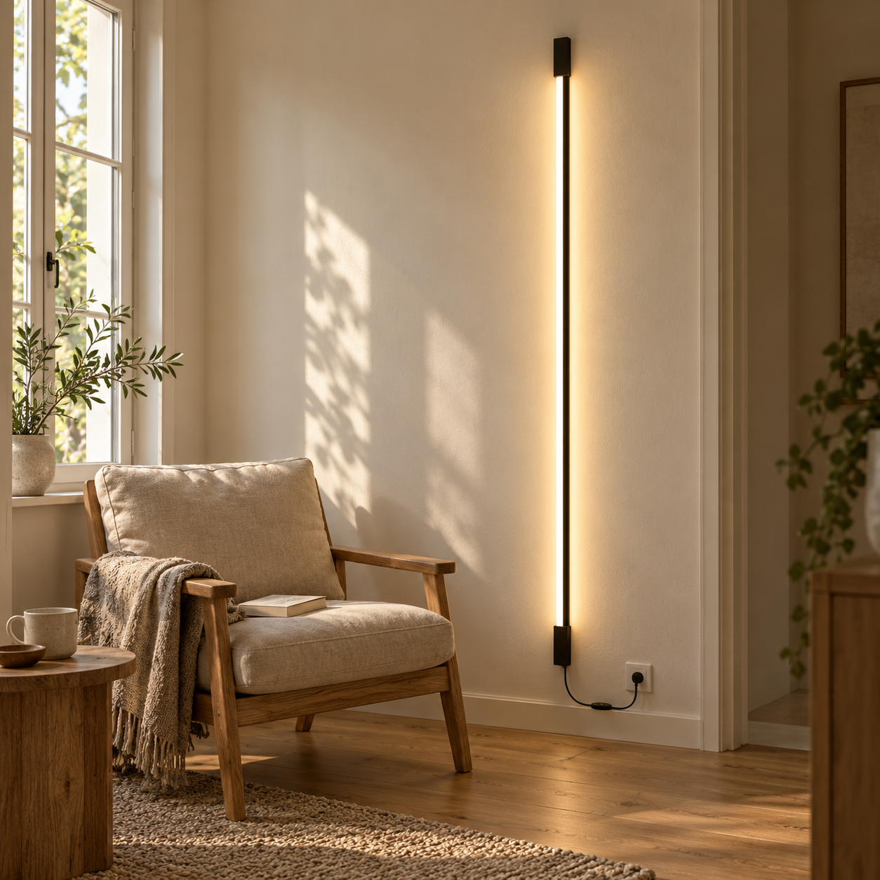 Soft light beside a chair, creating a serene corner.