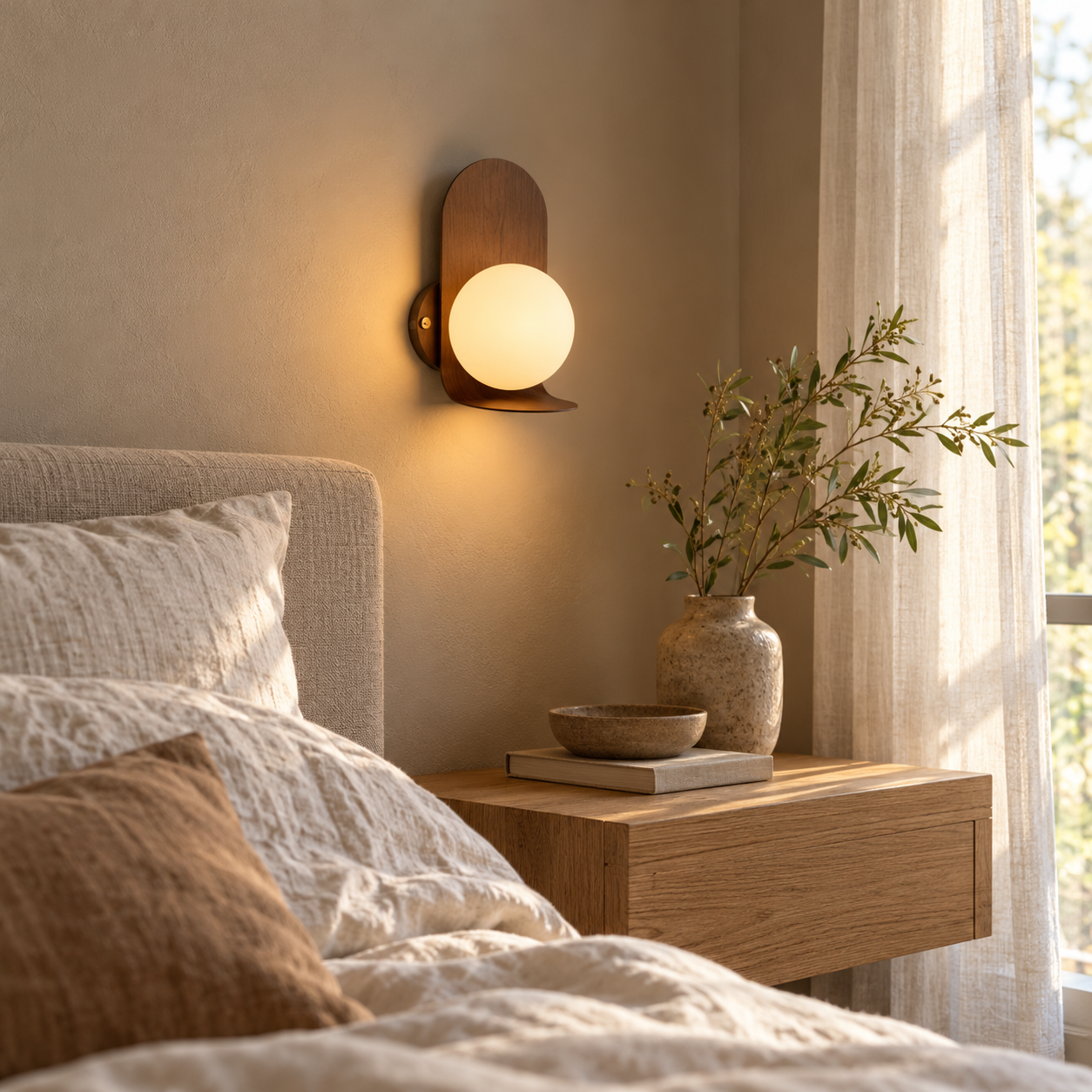 Elegant wall light complements the tranquil bedroom atmosphere.
